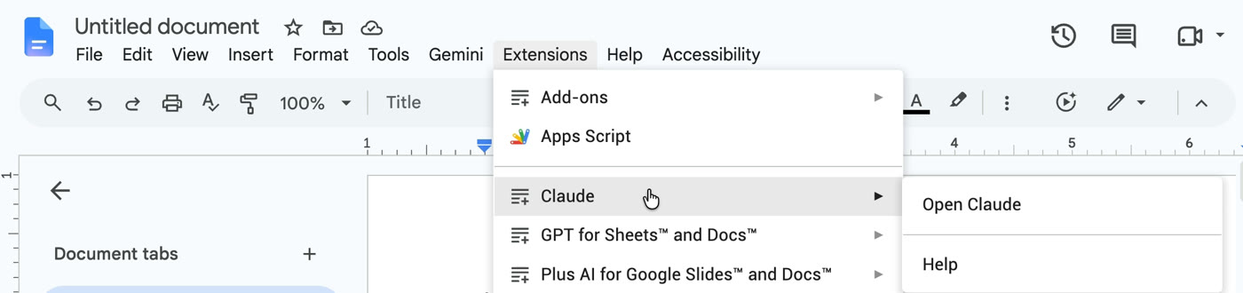 Google Docs with the Extensions menu open, Claude highlighted and the Open Claude option showing