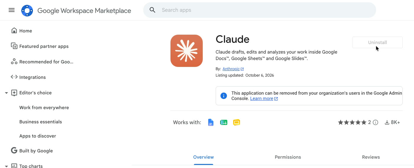 The Claude listing in the Google Workspace Marketplace, by Anthropic, showing it works with Google Docs, Sheets and Slides