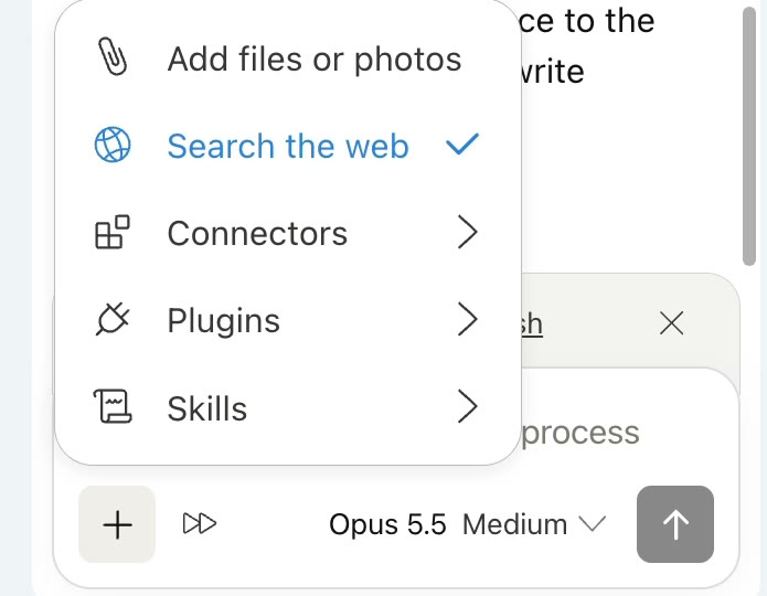The plus menu in the Claude sidebar in Google Docs, showing Add files or photos, Search the web, Connectors, Plugins and Skills
